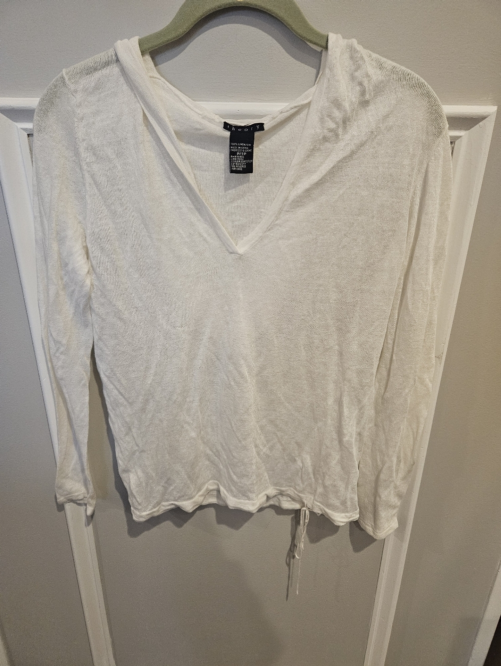 Theory sheer off white v-neck hooded shirt with tie waist Size Petite